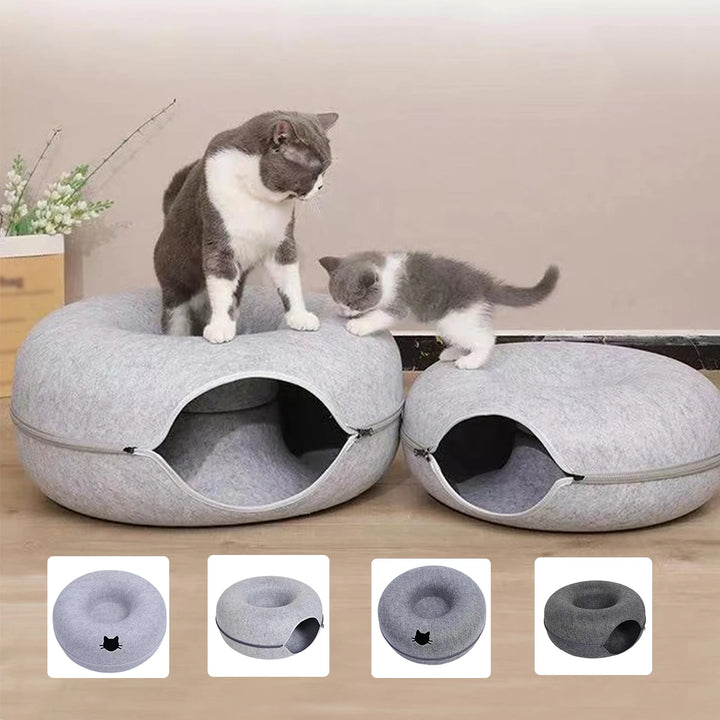 Lit pour chat en forme de donut avec tunnel interactif