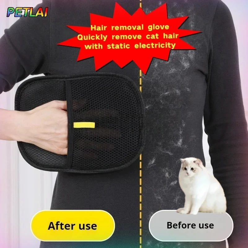Person holding a black hair removal glove with text about cat hair removal, before and after use shown with a cat.