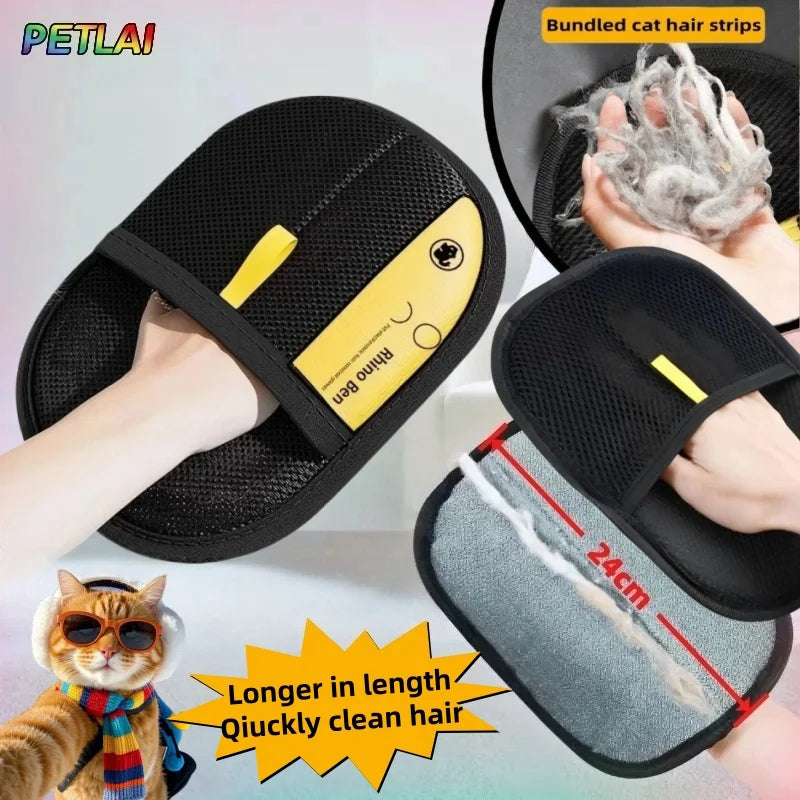 Black and yellow slippers with a cat hair removal tool, showing bundled cat hair and a cat wearing sunglasses.