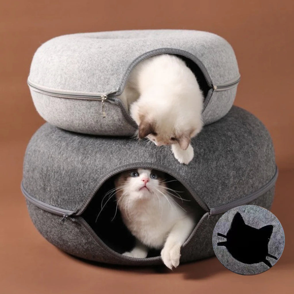 Lit pour chat en forme de donut avec tunnel interactif