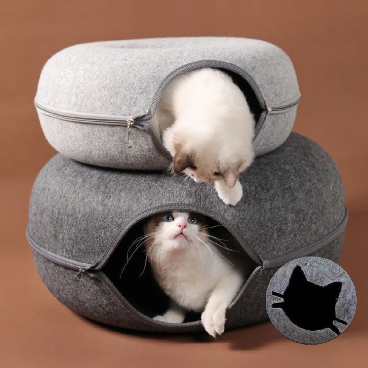 Lit pour chat en forme de donut avec tunnel interactif