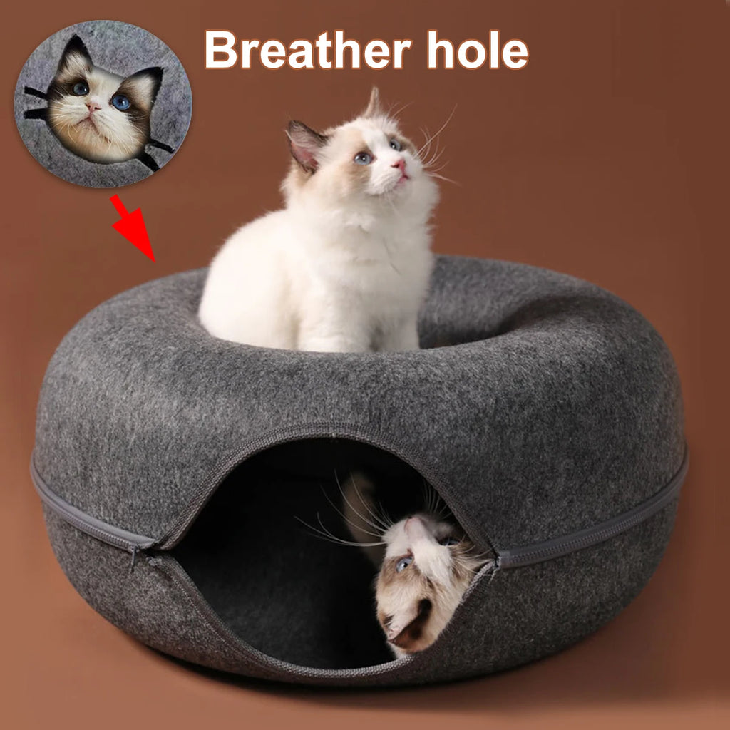 Lit pour chat en forme de donut avec tunnel interactif