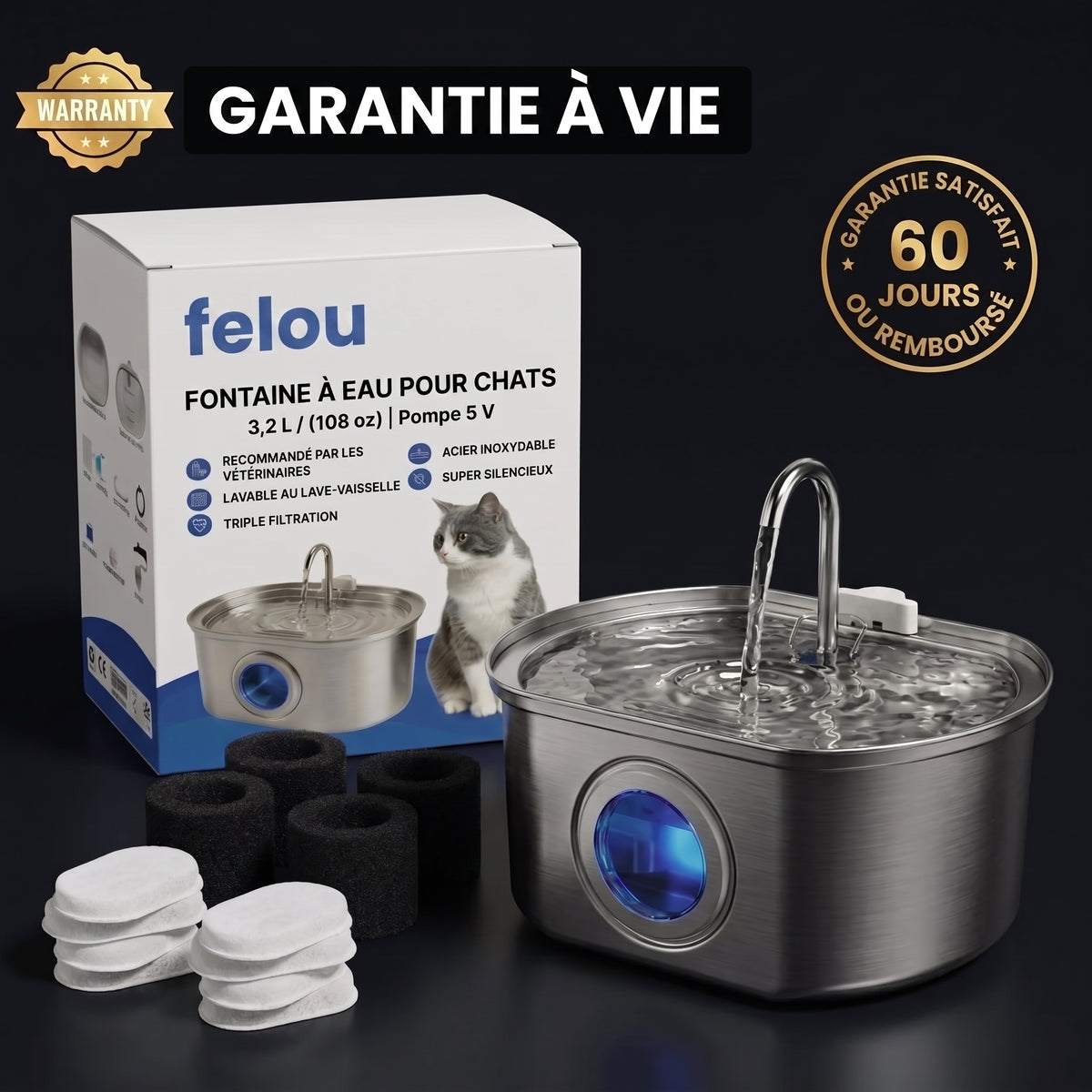 La Source — Fontaine à eau en acier inoxydable pour chats