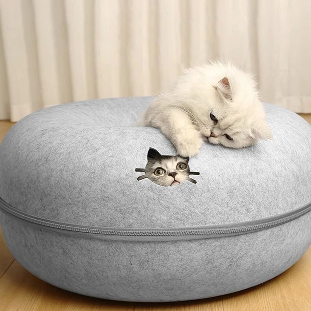 Lit pour chat en forme de donut avec tunnel interactif
