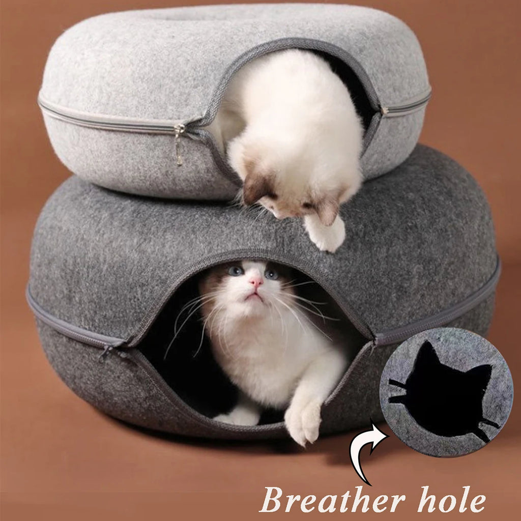 Lit pour chat en forme de donut avec tunnel interactif