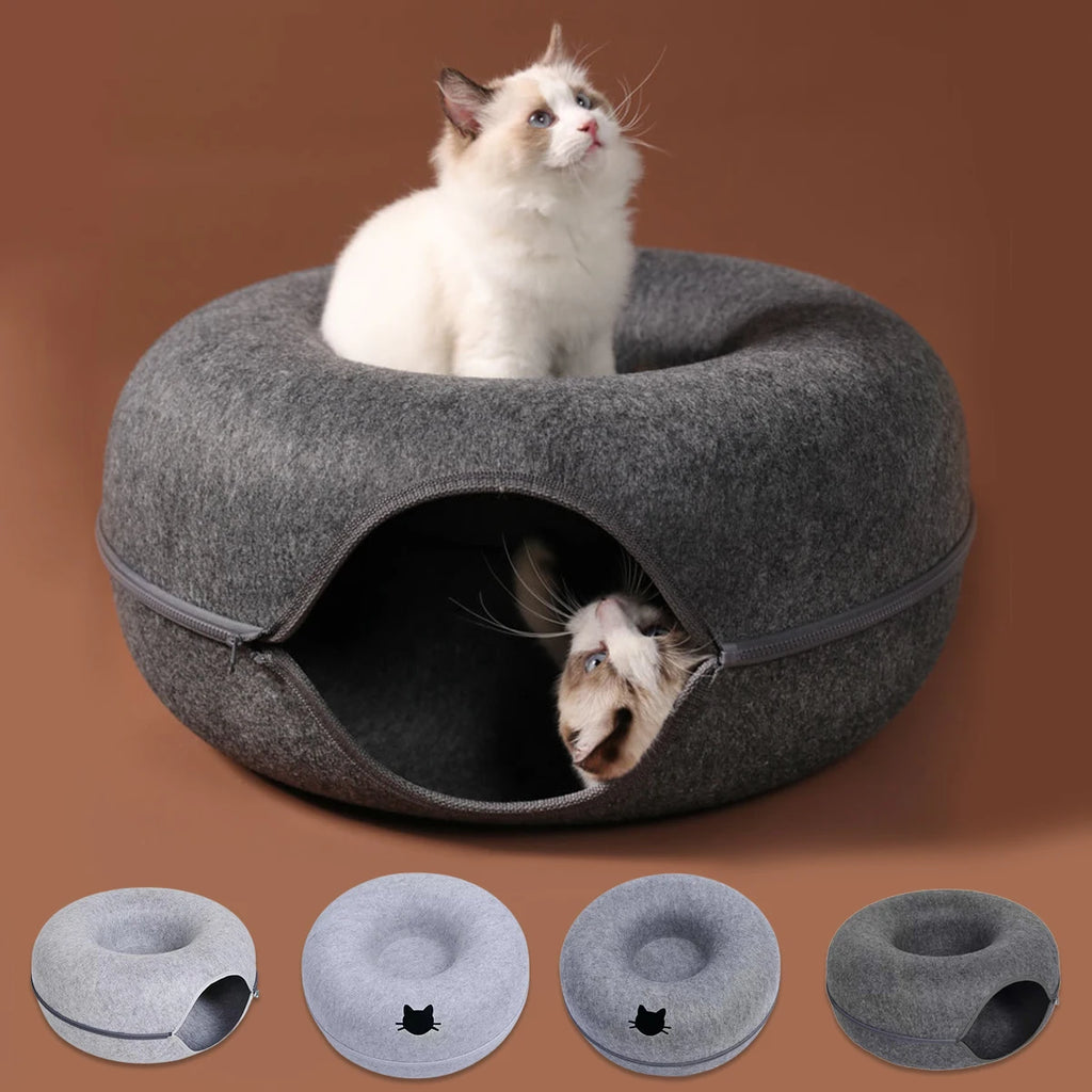 Lit pour chat en forme de donut avec tunnel interactif